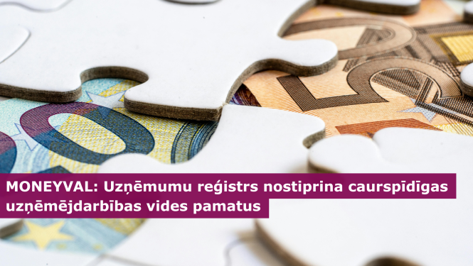 20 euro un 50 euro naudas zīmes zem puzles gabaliņiem, virsū teksts MONEYVAL: Uzņēmumu reģistrs nostiprina caurspīdīgas uzņēmējdarbības vides pamatus