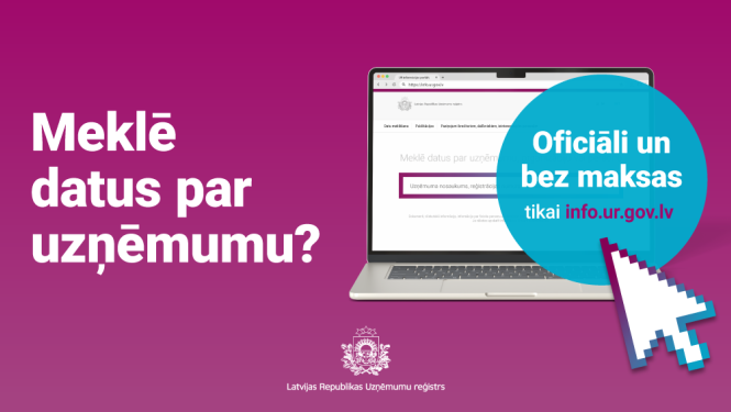 Portatīvais dators, kuram apkārt redzams teksts ar informāciju par Uzņēmumu reģistra informācijas tīmekļvietni info.ur.gov.lv